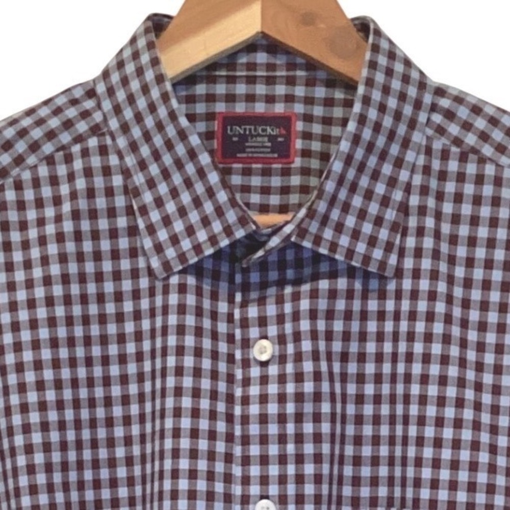 UNTUCKit Long Sleeve Button Up Shirt Mclaren Wrinkle Free Brown Blue 41252 Large